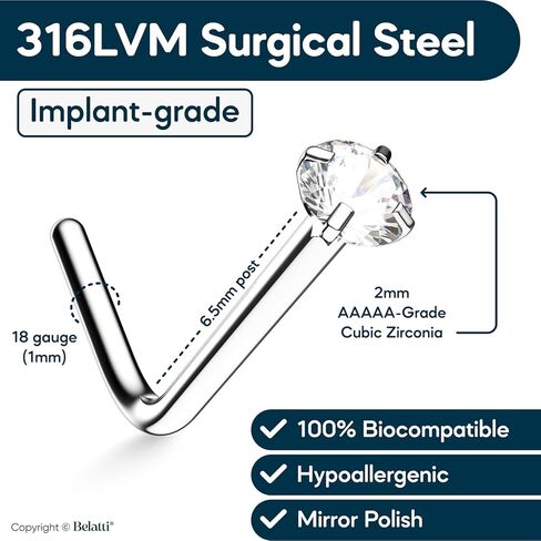 BELATTI 12 قطعة من حلقات الأنف للنساء والرجال تشيكوسلوفاكيا مكعب زركونيا كريستال - مسامير أنف من البلاستيك الشفاف والفولاذ على شكل حرف L للعمل - مجموعة حلقات الأنف من الفولاذ الشفاف والجراحي المضاد للحساسية - مجوهرات ثقب الأنف البلاستيكية (اختر المقياس -  in Kuwait