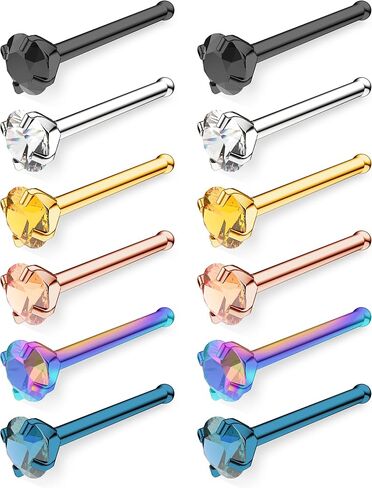 BELATTI 12 قطعة من حلقات الأنف للنساء والرجال 2 مم مكعب زركونيا مكعب - متوافق حيويًا مع البلاستيك الشفاف والصلب مجموعة شريط مستقيم للأنف - مجوهرات بيوفليكس شفافة لا تسبب الحساسية (اختر المقياس - اللون - حجم الجوهرة) in Kuwait