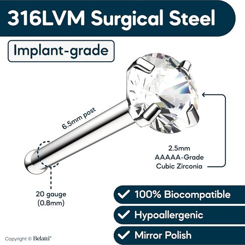 BELATTI 12 قطعة من حلقات الأنف للنساء والرجال 2 مم مكعب زركونيا مكعب - متوافق حيويًا مع البلاستيك الشفاف والصلب مجموعة شريط مستقيم للأنف - مجوهرات بيوفليكس شفافة لا تسبب الحساسية (اختر المقياس - اللون - حجم الجوهرة) in Kuwait