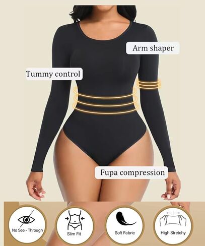Soo slick Bodysuit for Women Fall clothes for women 2023 - Body Shaper Long Sleeve Crew Neck Thong Body Shaping Tops in Kuwait