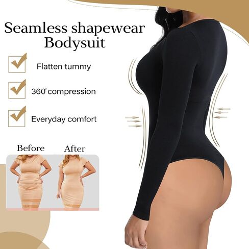 Soo slick Bodysuit for Women Fall clothes for women 2023 - Body Shaper Long Sleeve Crew Neck Thong Body Shaping Tops in Kuwait