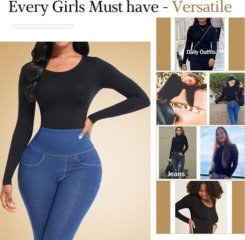Soo slick Bodysuit for Women Fall clothes for women 2023 - Body Shaper Long Sleeve Crew Neck Thong Body Shaping Tops in Kuwait