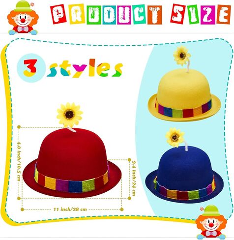 3 Pcs French Clown Hat Bowler Clown Hat with Sunflower Crazy Hats for Kids, Adults, Party, Holiday, Circus Costume Props in Saudi Arabia