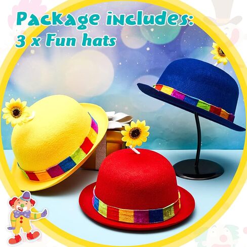 3 Pcs French Clown Hat Bowler Clown Hat with Sunflower Crazy Hats for Kids, Adults, Party, Holiday, Circus Costume Props in Saudi Arabia