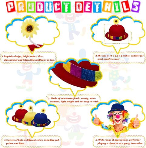 3 Pcs French Clown Hat Bowler Clown Hat with Sunflower Crazy Hats for Kids, Adults, Party, Holiday, Circus Costume Props in Saudi Arabia