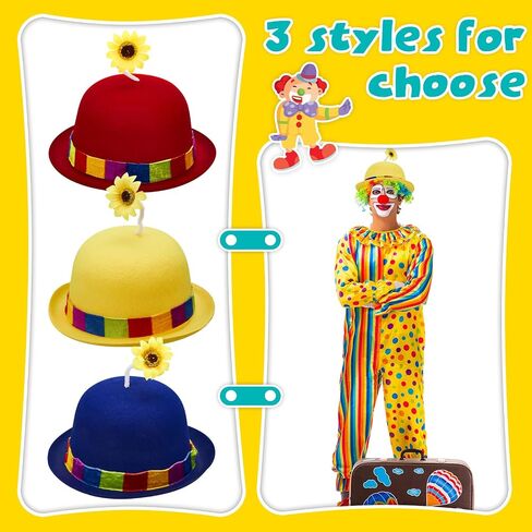 3 Pcs French Clown Hat Bowler Clown Hat with Sunflower Crazy Hats for Kids, Adults, Party, Holiday, Circus Costume Props in Saudi Arabia