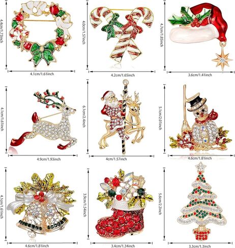 مجموعة دبابيس بروش عيد الميلاد 9/10 قطع من Fesciory للنساء، هدايا مجوهرات عيد الميلاد الكريستالية متعددة الألوان من حجر الراين للفتيات بما في ذلك شجرة عيد الميلاد، سانتا كلوز، أجراس جلجل، الرنة in Kuwait