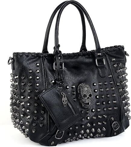 UTO Women Skull Tote Bag Rivet Studded Handbag PU Leather Purse Shoulder Bags 2 Pcs Wallet Strap A Black 382 in Saudi Arabia