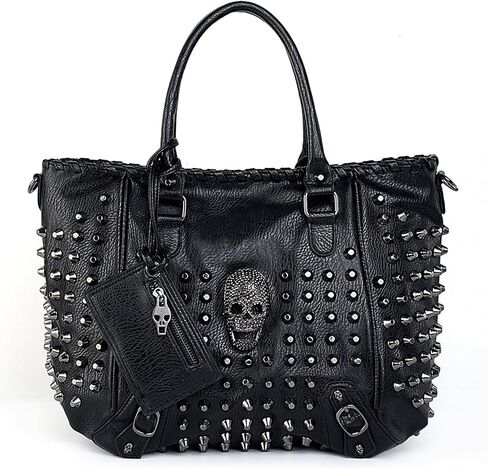 UTO Women Skull Tote Bag Rivet Studded Handbag PU Leather Purse Shoulder Bags 2 Pcs Wallet Strap A Black 382 in Saudi Arabia
