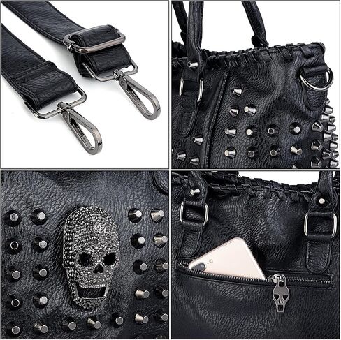 UTO Women Skull Tote Bag Rivet Studded Handbag PU Leather Purse Shoulder Bags 2 Pcs Wallet Strap A Black 382 in Saudi Arabia