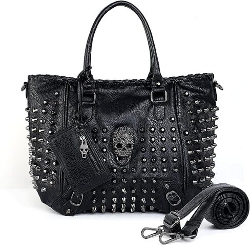UTO Women Skull Tote Bag Rivet Studded Handbag PU Leather Purse Shoulder Bags 2 Pcs Wallet Strap A Black 382 in Saudi Arabia