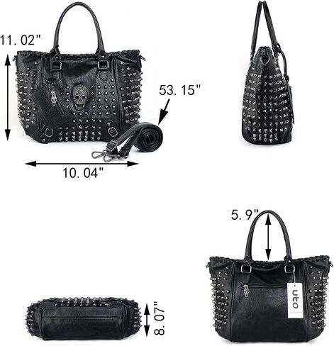 UTO Women Skull Tote Bag Rivet Studded Handbag PU Leather Purse Shoulder Bags 2 Pcs Wallet Strap A Black 382 in Saudi Arabia