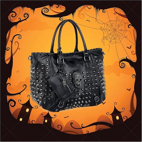 UTO Women Skull Tote Bag Rivet Studded Handbag PU Leather Purse Shoulder Bags 2 Pcs Wallet Strap A Black 382 in Saudi Arabia