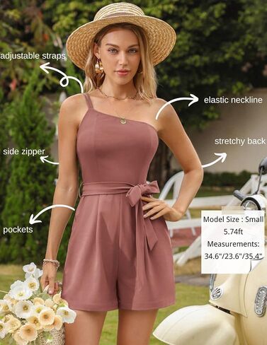 Kate Kasin Women Summer Romper 2024 One Shoulder Smocked Belted Short Jumpsuit with Pockets Beach Vacation Outfits in Saudi Arabia