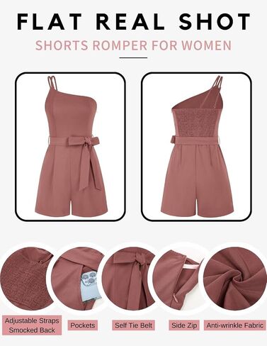 Kate Kasin Women Summer Romper 2024 One Shoulder Smocked Belted Short Jumpsuit with Pockets Beach Vacation Outfits in Saudi Arabia