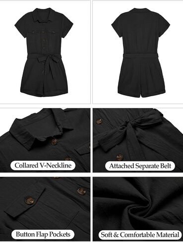 بدلة قفز نسائية صيفية بجيوب وحزام وأكمام قصيرة من Vetinee in Kuwait