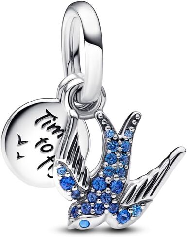 PANDORA Sparkling Swallow & Quote Double Dangle Charm - Compatible Moments Bracelets - Jewelry for Women - Gift for Women in Your Life - Made with Sterling Silver & Man-Made Crystal in Saudi Arabia