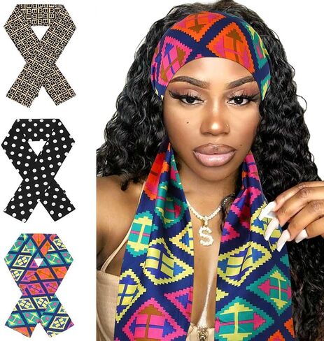 Formery Layering Silk Headband Scarf Black Pattern Satin Edge Scarves African Long Hair Wrap Ribbon for Women and Girls (3PCS) in Saudi Arabia