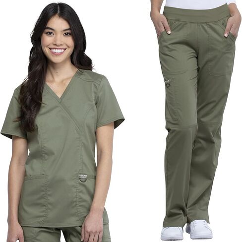Cherokee Women Scrubs Set Workwear Revolution WW610 Mock Wrap Top & WW110 Mid Rise Straight Leg Pull-on Pant, Olive- S Top/S Pant in Saudi Arabia