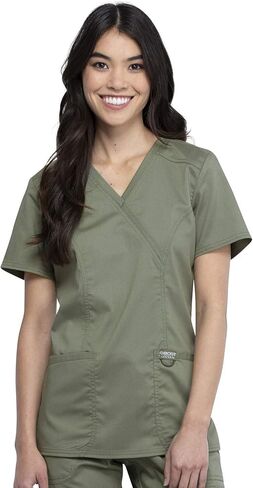 Cherokee Women Scrubs Set Workwear Revolution WW610 Mock Wrap Top & WW110 Mid Rise Straight Leg Pull-on Pant, Olive- S Top/S Pant in Saudi Arabia