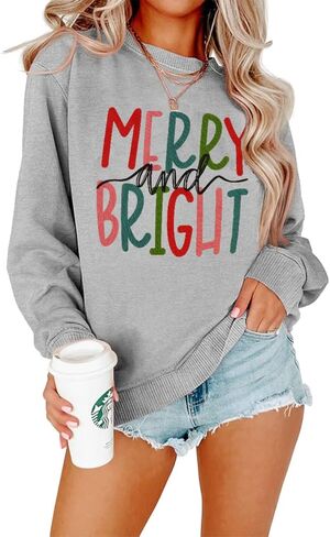 IZYJOY عيد الميلاد البلوز للنساء مرح ومشرق الرسم كنزة بمقاس كبير Crewneck كم طويل عطلة البلوز in Kuwait