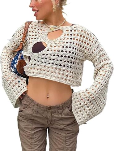 Women's Crochet Knit Crop Top Pullover Sweater Long Sleeve Hollow Out Square Neck Y2k Shirt Summer Streetwear in Kuwait