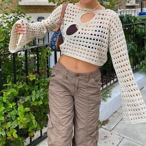 Women's Crochet Knit Crop Top Pullover Sweater Long Sleeve Hollow Out Square Neck Y2k Shirt Summer Streetwear in Kuwait