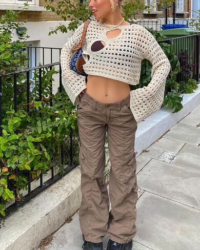Women's Crochet Knit Crop Top Pullover Sweater Long Sleeve Hollow Out Square Neck Y2k Shirt Summer Streetwear in Kuwait
