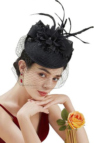 BABEYOND Tea Party Fascinator Hat Feather Veil Kentucky Fascinator Derby Headband Pillbox Fascinators Hat for Cocktail in Saudi Arabia