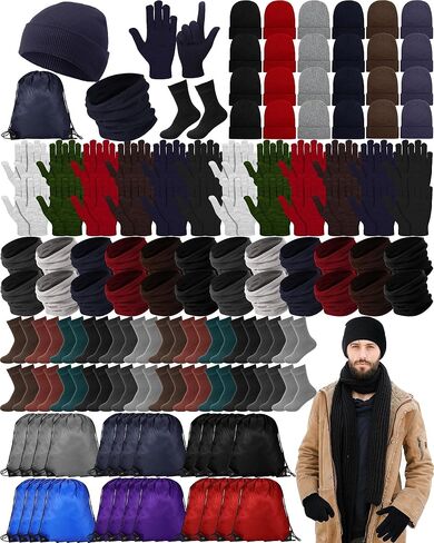 Suhine 120 Pcs Winter Beanies Hat Glove Scarf Sock Sets Unisex Knitted Cap Beanie Gloves Neck Warmer Bulk Pack Homeless Care Package in Kuwait
