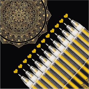 Dyvicl Metallic Gold Gel Pens, 0.8 mm Fine Pens Gel Ink Pens for Black Paper Drawing, Sketching, Illustration, Adult Coloring, Journaling, Set of 12