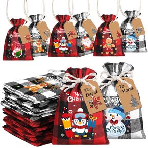 XIMISHOP 36pcs Christmas Burlap Gift Bags,Christmas Buffalo Plaid Drawstring Bags Christmas Jute Linen Burlap Treat Candy Goodies Drawstring Bags with Tags for Xmas Favors Supplies