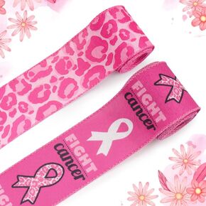 Threetols 2 Rolls 10 Yards Breast Cancer Awareness Wired Edge Ribbons, 2.5inch Hot Pink Leopard Awareness Ribbon, Fight Cancer Ribbon for Breast Cancer Awareness Women Activities Wreath Bow Decor
