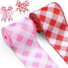 2 Rolls Valentine's Day Wired Ribbons 2.5 Inch Wide Valentine's Day Plaid Ribbons Rolls Red Pink White Diagonal Buffalo Plaid Ribbons for DIY Valentine's Day Decor Wrapping Crafts(10 Yards) in Saudi Arabia
