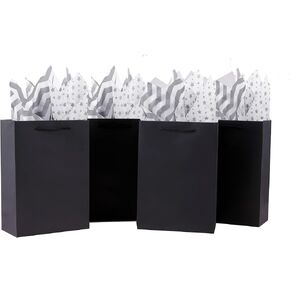 OfficeCastle 4 Pack Black Gift Bags with Tissue Paper, Medium to Large Gift Bags for Men, 8x4x11in/20x10x28 cm, Black Paper Bags with Handles