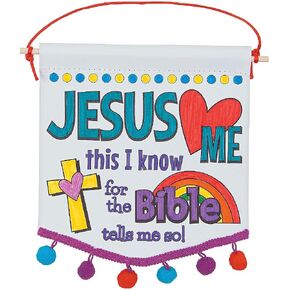 Color Your Own Jesus Loves Me Banners with Pom-Pom Trim - Makes 12 - DIY Religious Crafts for Kids and Sunday School Activities in Saudi Arabia