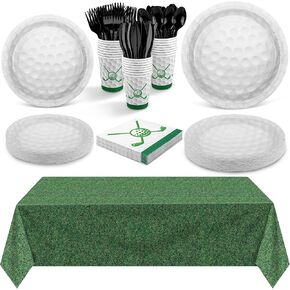 durony 169 Pieces Golf Party Supplies Include 48 Golf Dessert Plates 24 Golf Paper Cups Green Grass Field Plastic Tablecloth 24 Golf Napkins 24 Knives 24 Forks 24 Spoons Golf Disposable Tableware Set
