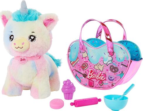 Barbie Stuffed Animals, Unicorn Toys, Plush Unicorn with Dessert-Themed Purse Playset and 5 Accessories, Chef Pet Adventure in Saudi Arabia