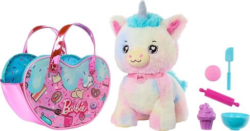 Barbie Stuffed Animals, Unicorn Toys, Plush Unicorn with Dessert-Themed Purse Playset and 5 Accessories, Chef Pet Adventure in Saudi Arabia
