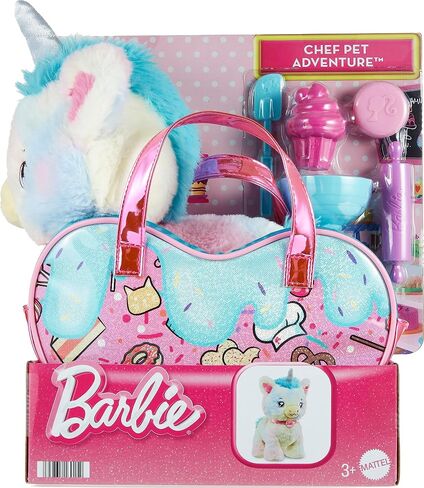 Barbie Stuffed Animals, Unicorn Toys, Plush Unicorn with Dessert-Themed Purse Playset and 5 Accessories, Chef Pet Adventure in Saudi Arabia