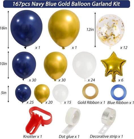 RUBFAC Navy Blue Gold Balloon Garland Arch Kit, 167pcs Royal Blue Gold White Balloons with Gold Confetti Balloons and Star Foil Balloons for Graduation Birthday Baby Shower Party Supplies Decorations in Saudi Arabia