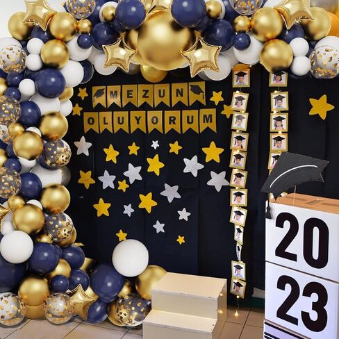 RUBFAC Navy Blue Gold Balloon Garland Arch Kit, 167pcs Royal Blue Gold White Balloons with Gold Confetti Balloons and Star Foil Balloons for Graduation Birthday Baby Shower Party Supplies Decorations in Saudi Arabia