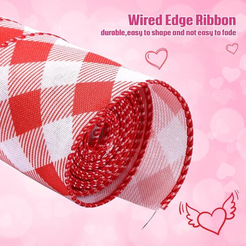2 Rolls Valentine's Day Wired Ribbons 2.5 Inch Wide Valentine's Day Plaid Ribbons Rolls Red Pink White Diagonal Buffalo Plaid Ribbons for DIY Valentine's Day Decor Wrapping Crafts(10 Yards) in Saudi Arabia