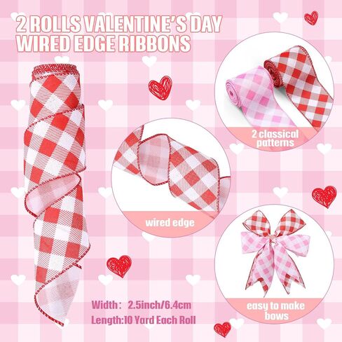 2 Rolls Valentine's Day Wired Ribbons 2.5 Inch Wide Valentine's Day Plaid Ribbons Rolls Red Pink White Diagonal Buffalo Plaid Ribbons for DIY Valentine's Day Decor Wrapping Crafts(10 Yards) in Saudi Arabia