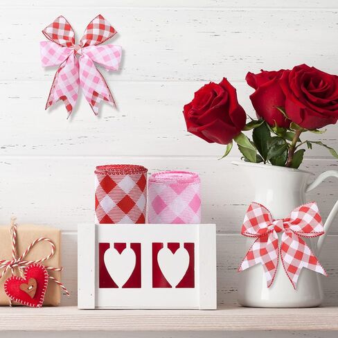 2 Rolls Valentine's Day Wired Ribbons 2.5 Inch Wide Valentine's Day Plaid Ribbons Rolls Red Pink White Diagonal Buffalo Plaid Ribbons for DIY Valentine's Day Decor Wrapping Crafts(10 Yards) in Saudi Arabia