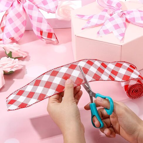 2 Rolls Valentine's Day Wired Ribbons 2.5 Inch Wide Valentine's Day Plaid Ribbons Rolls Red Pink White Diagonal Buffalo Plaid Ribbons for DIY Valentine's Day Decor Wrapping Crafts(10 Yards) in Saudi Arabia