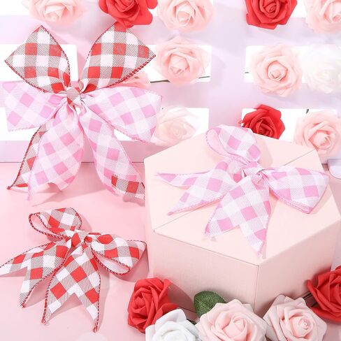 2 Rolls Valentine's Day Wired Ribbons 2.5 Inch Wide Valentine's Day Plaid Ribbons Rolls Red Pink White Diagonal Buffalo Plaid Ribbons for DIY Valentine's Day Decor Wrapping Crafts(10 Yards) in Saudi Arabia