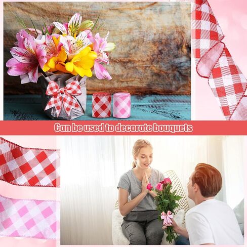 2 Rolls Valentine's Day Wired Ribbons 2.5 Inch Wide Valentine's Day Plaid Ribbons Rolls Red Pink White Diagonal Buffalo Plaid Ribbons for DIY Valentine's Day Decor Wrapping Crafts(10 Yards) in Saudi Arabia