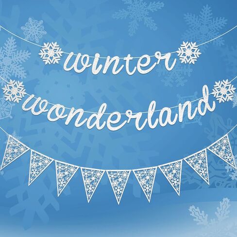 3 Pieces Snowflake Winter Wonderland Banner Snowflake Paper Garland Snowflake Hanging Banner Silver Glittery Snowflake Decorations for Snow Christmas Wedding Birthday Party (Blue, Silver) in Kuwait