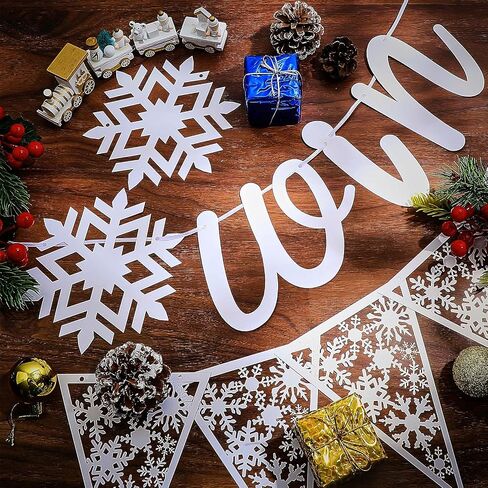 3 Pieces Snowflake Winter Wonderland Banner Snowflake Paper Garland Snowflake Hanging Banner Silver Glittery Snowflake Decorations for Snow Christmas Wedding Birthday Party (Blue, Silver) in Kuwait
